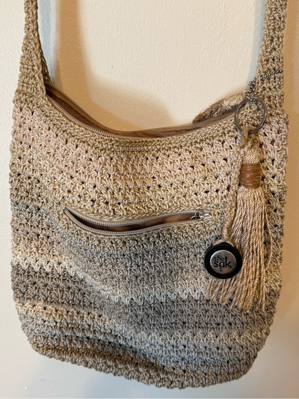 The Sak Crossbody Crochet Knit Neutral Bag with Tassel Boho Eco Y2K Durable